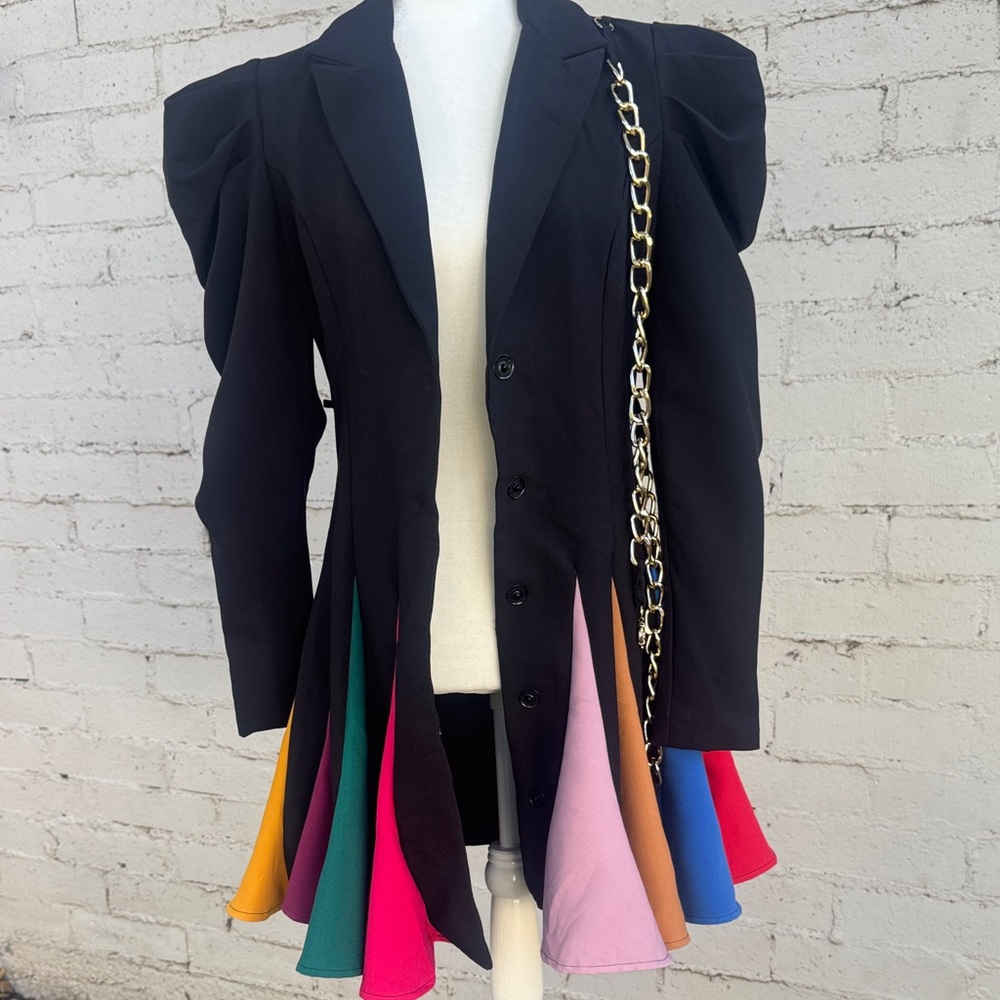 L'ATISTE by Amy Black Coat Dress Rainbow Pleated Skirt Gold Chains Size S - Picture 11 of 16